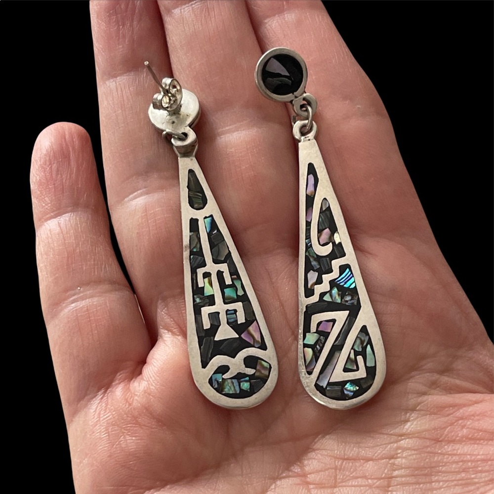 Solid Sterling Silver Abalone Shell Inlay Drop Ea… - image 1